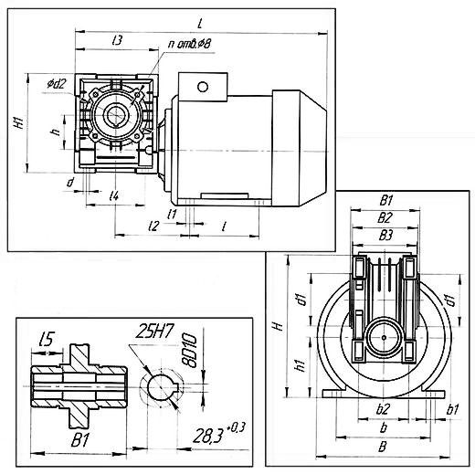 Чертеж одноступенчатых червячных мотор-редукторов РЧМ